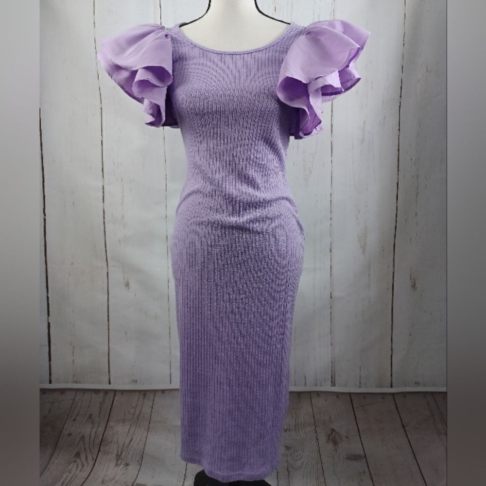 Lavender Bodycon Ribbed Knit Dress Ruffle Sleeves Purple